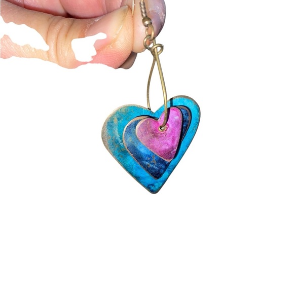 vintage 80s Blue and Purple Heart metal Dangly Earrings - Picture 3 of 4